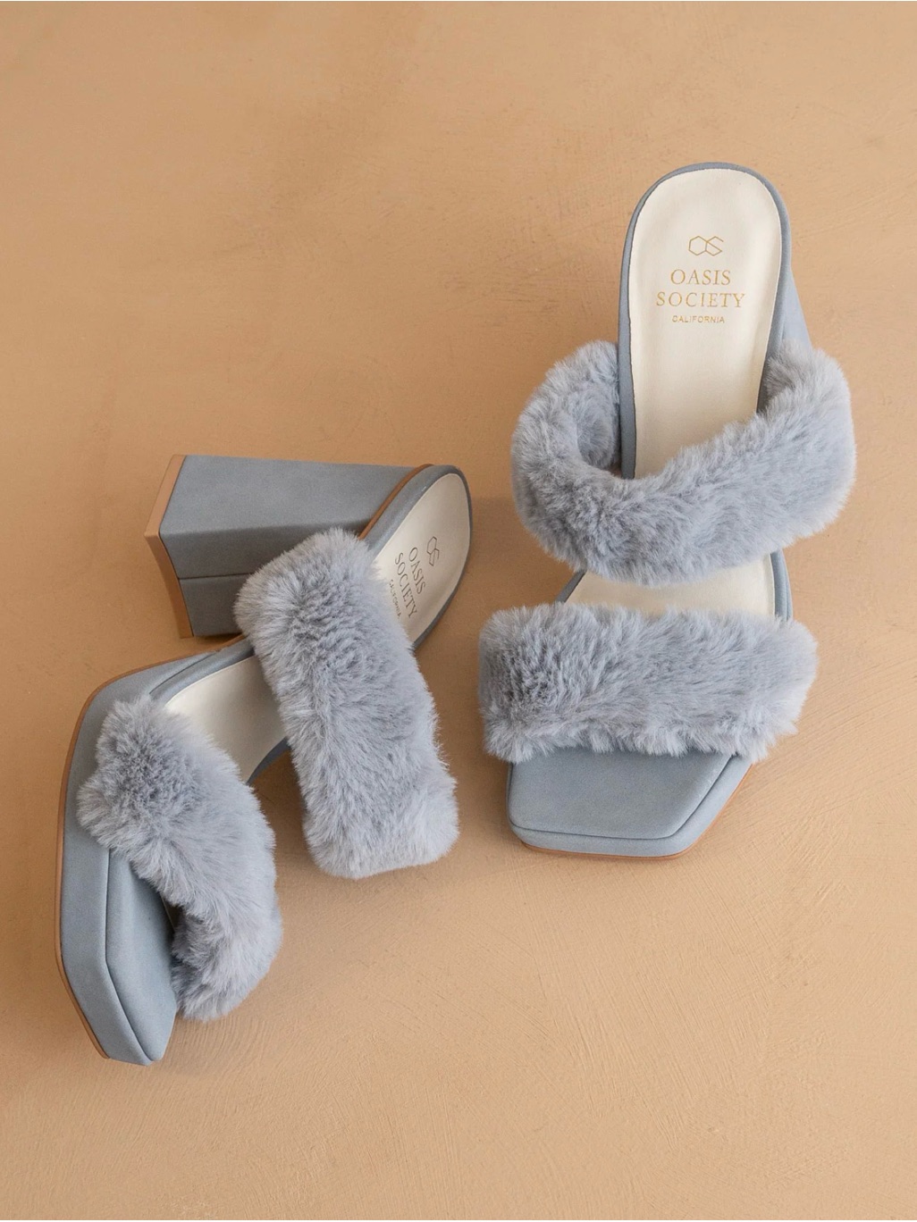 Oasis Society “Blue” Faux-Fur Double Strap Block Platform Heels